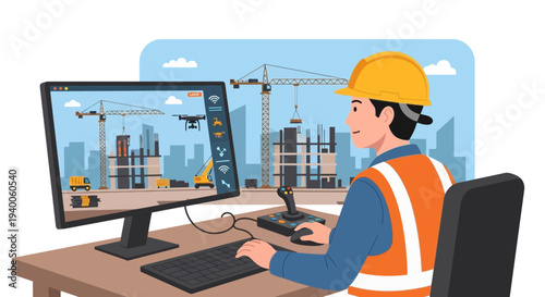 Construction engineer using computer for project management and drone control