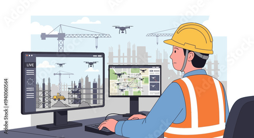 Construction worker monitoring drones on monitors, smart city technology, future building