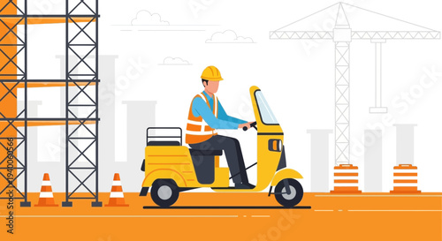Construction worker riding a yellow auto-rickshaw at a building site with crane and scaffolding