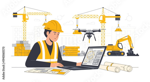 Construction engineer using laptop and drone for site management with cranes and excavator