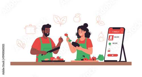 Couple cooking healthy food together, preparing vegetables for meal, using recipe app on phone