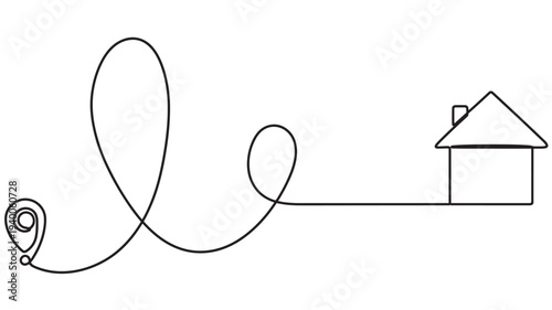 House with location pin and path, single line drawing style, minimalist concept for navigation and destination.