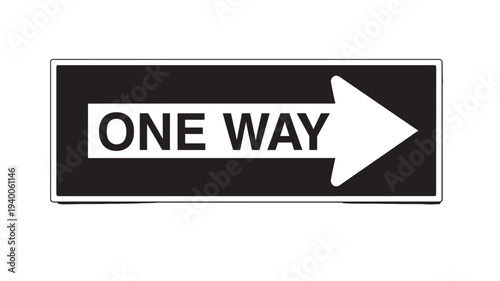 Sign one way with white arrow pointing right on black background, directional traffic instruction featuring navigation, warning, information with
