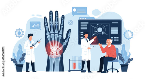 Medical illustration showing doctors examining elderly patient with X-ray of hand showing a red inflamed area on wrist joint.