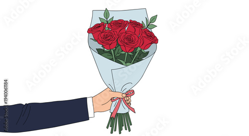 Male hand wearing dark suit sleeve holding beautiful bouquet of red roses wrapped in light blue paper and tied with pink ribbon.