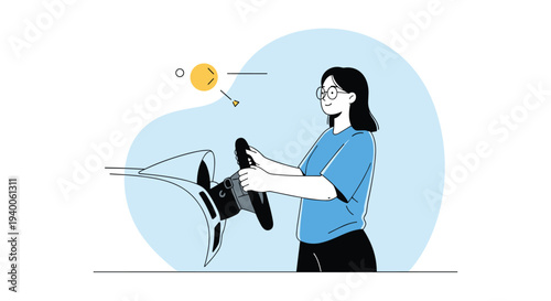 Simple line drawing of young woman with glasses and long dark hair driving car against blue circular background with abstract shapes.