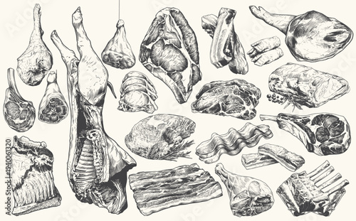Pork meat cuts vintage engraving hand drawn butcher illustration