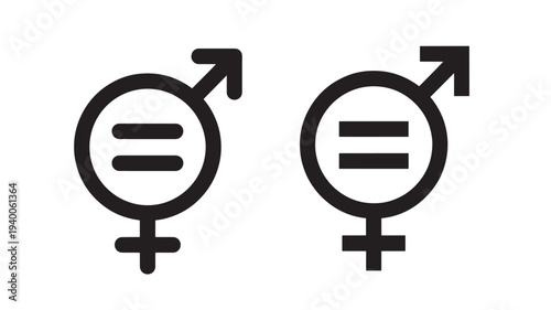 Gender symbols with equal sign representing equality, icons for male and female identities, graphic representation of balance and parity