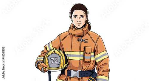 Professional portrait of brave female firefighter in protective orange and yellow gear holding her helmet and looking at camera.