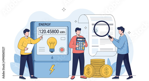 Group of people monitoring and analyzing energy consumption around large meter with light bulb icon and coins for cost calculation.