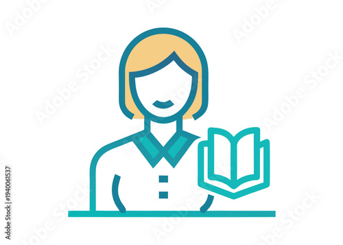 A stylized graphic of a female teacher with blonde hair wearing a collared shirt and holding an open book while standing behind a solid horizontal line.