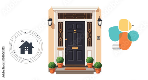 Elegant black front door of a modern house is framed by white molding and flanked by green potted plants on porch steps.