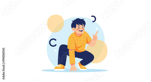 Young boy in a yellow shirt and blue pants is squatting on the ground and pointing with his finger towards something interesting.