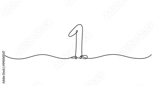 Number one hand drawn with single continuous line on white background, minimalism featuring digit, numeral, counting with mathematics and math