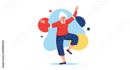 Active senior woman with white hair dancing happily against colorful abstract background with blue, red, and yellow shapes in flat design.
