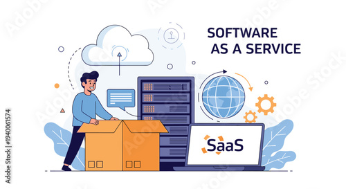 Professional man stands next to server racks and a laptop computer while managing cloud computing software as a service platform.