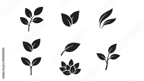 Leaves vector set with simple silhouettes and organic shapes on white background, diverse botanical elements.