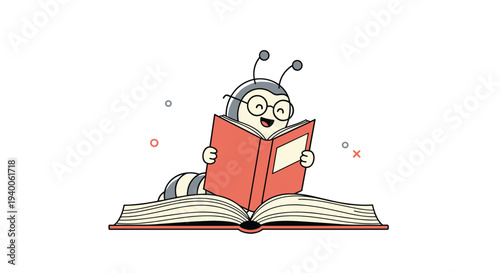 Cute bookworm character wearing glasses is happily reading a large red book while sitting inside another open book.