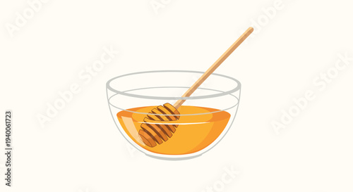 Clear glass bowl is filled with golden honey and features a wooden dipper resting inside for a sweet and natural food scene.