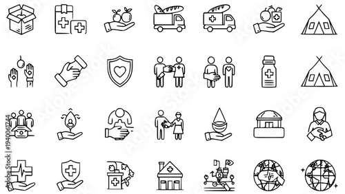Medical and healthcare emergency assistance icons set including aid kit, ambulance, and global support vector illustrations for crisis management and disaster relief.