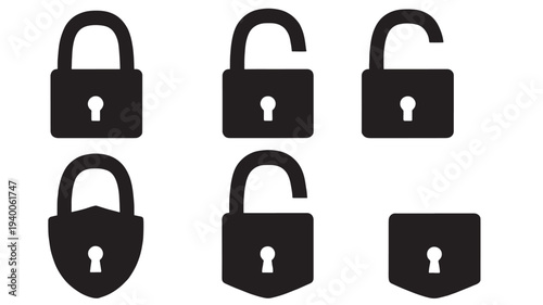 Padlock icons set with locked and unlocked states, black silhouette on white background, security symbols.