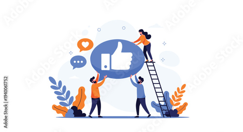 Diverse group of people work together to lift and support a giant blue thumbs up speech bubble icon to show approval.