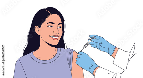 Smiling young woman is receiving a medical vaccination in her arm from a healthcare professional wearing blue gloves.