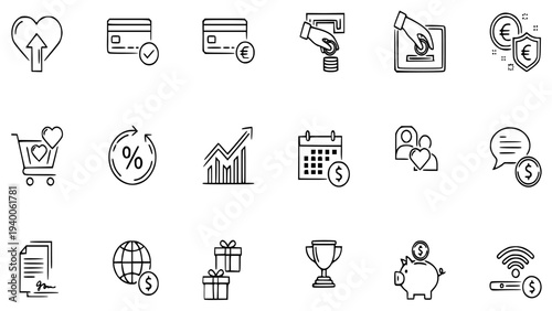 Collection of charity and donation vector icons representing fundraising and giving for various causes and organizations online