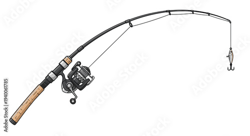 High quality fishing rod and reel are shown with a small fish lure attached to the line ready for an outdoor adventure.