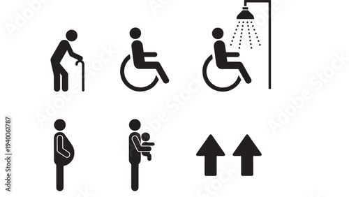 Icons for people, accessibility, and up arrows with black silhouettes on a white background featuring icon, silhouette, person with man and elderly