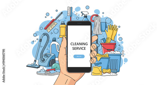 Hand holds a smartphone displaying a professional cleaning service application surrounded by various cleaning tools.