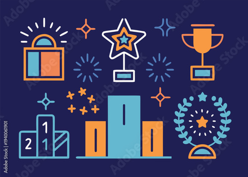 Seven stylized reward icons including a laurel wreath and a trophy cup are arranged with orange and blue outlines on a solid dark blue background.