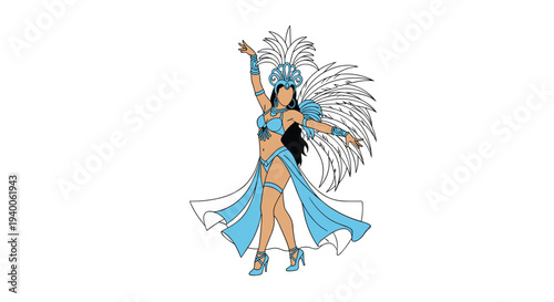 Graceful Brazilian carnival dancer in a blue feathered costume is performing a samba dance with a joyful expression.