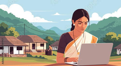 Indian woman wearing a traditional saree sits in a rural village environment and focuses on her work on a laptop computer.