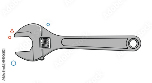 Gray adjustable wrench tool displayed horizontally with small decorative geometric elements nearby in a clean illustrative style.