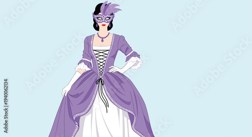 Elegant woman wears a purple masquerade ball gown and matching feathered mask while standing against a light blue background.