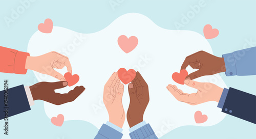 Diverse group of hands hold small red hearts together to symbolize love, charity, kindness, and community support in a flat design.