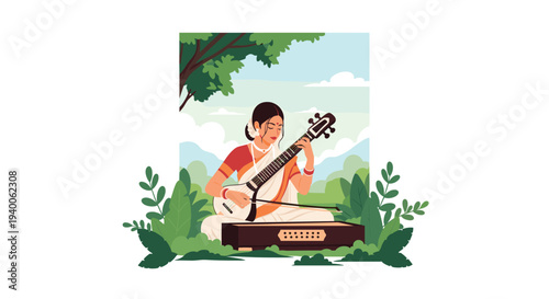 Woman in a traditional sari plays a stringed instrument called a sitar while sitting in a peaceful garden with lush greenery.