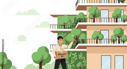Delivery man with package in front of modern eco-friendly apartment building with green balconies