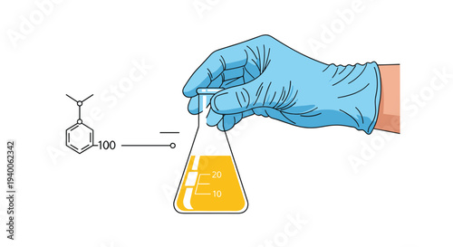 Scientist wearing a blue glove holds a laboratory flask filled with yellow liquid next to a chemical formula diagram illustration.