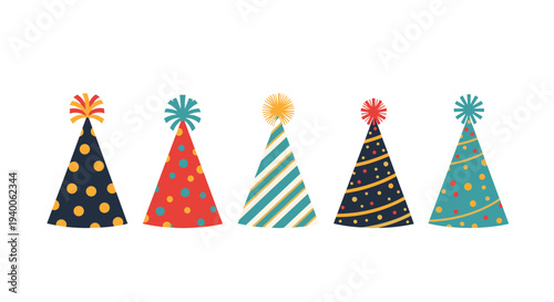 Set of five colorful party hats with various patterns like dots and stripes are arranged in a row for a birthday celebration.