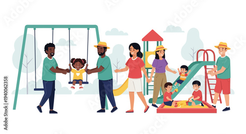 Diverse families enjoying a sunny day at a vibrant playground with swings, slide, and sandbox.