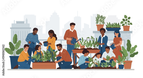 Diverse community gardening on urban rooftop with city skyline background