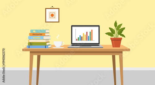 Desk with laptop displaying charts, books, and coffee cup, symbolizing work and study