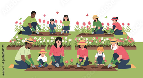 Diverse families gardening together, planting flowers and vegetables in community garden