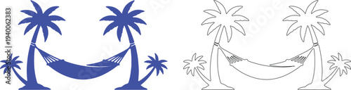 Blue and outline palm trees with hammock coconut tropical