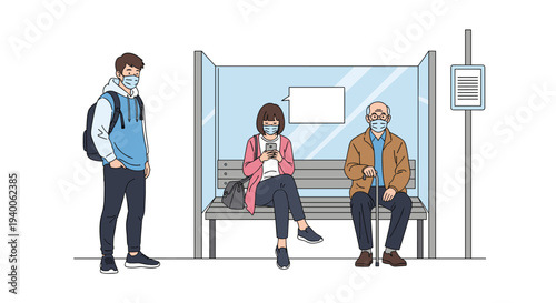 People wearing protective face masks wait at a bus stop while practicing social distancing measures in a modern city environment.