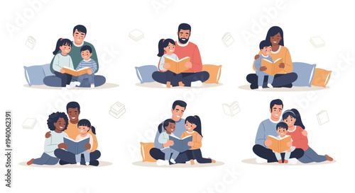 Diverse families reading books together, promoting literacy and bonding