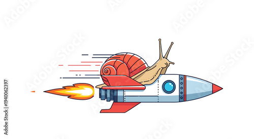 Fast snail travels through space while riding on top of a powerful white and red rocket with bright orange flames at the back.