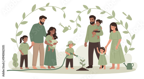 Diverse family planting tree together, symbolizing growth, sustainability, and unity in nature